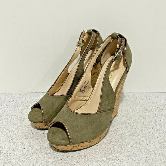 ADOC Tiana Olive High Heel Platform Pumps Cork Open Toe Buckle Detail US Size 5M - Picture 1 of 8